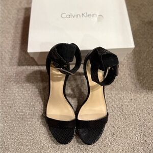 Calvin Klein Vivian Patent Snake Black Ankle Strap Heels